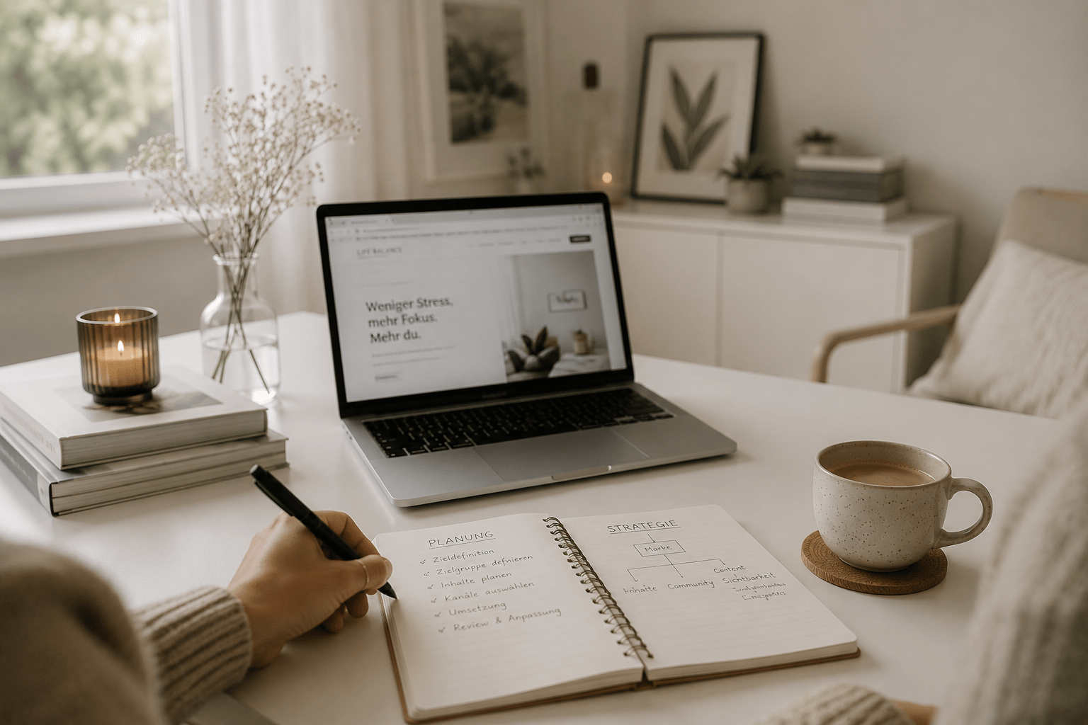 Affiliate Marketing Anfänger – Arbeitsmoment mit Kaffee und Laptop im Home Office
