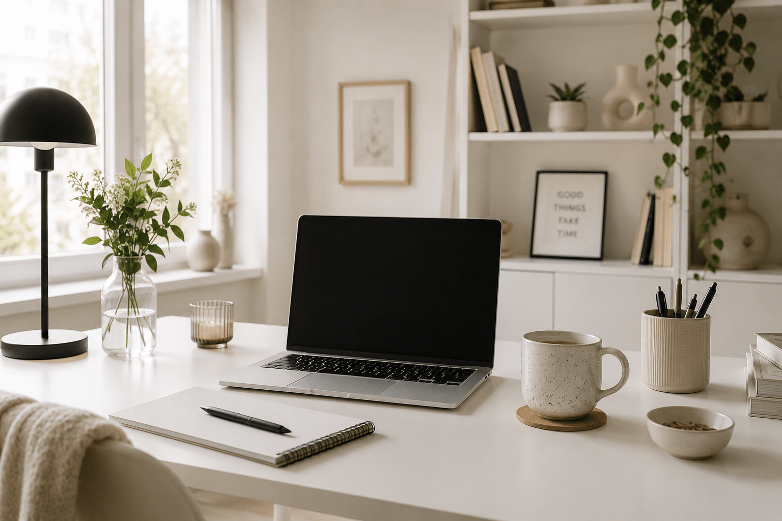 Affiliate Marketing Anfänger – Laptop auf aufgeräumtem Schreibtisch im Home Office