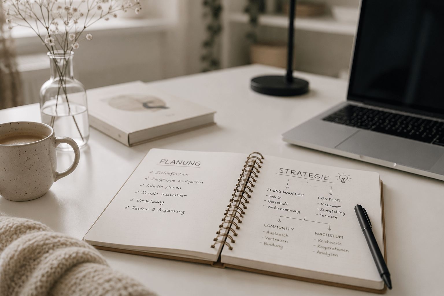 Affiliate Marketing Anfänger – Notizbuch mit Planung und Strategie auf dem Schreibtisch